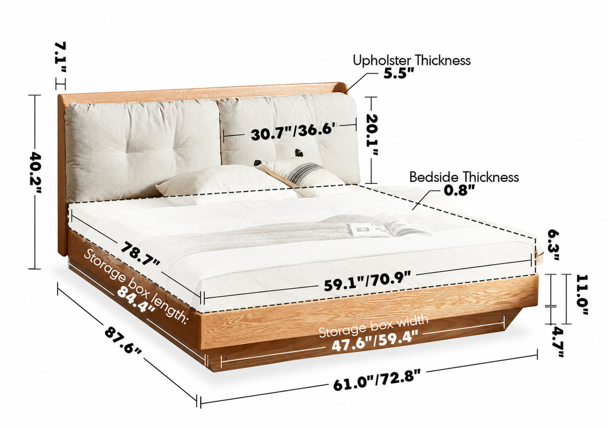 Scandinavian Oak Wood Chenille Velvet Fabric Floating Storage Bed HAVEN Size Chart