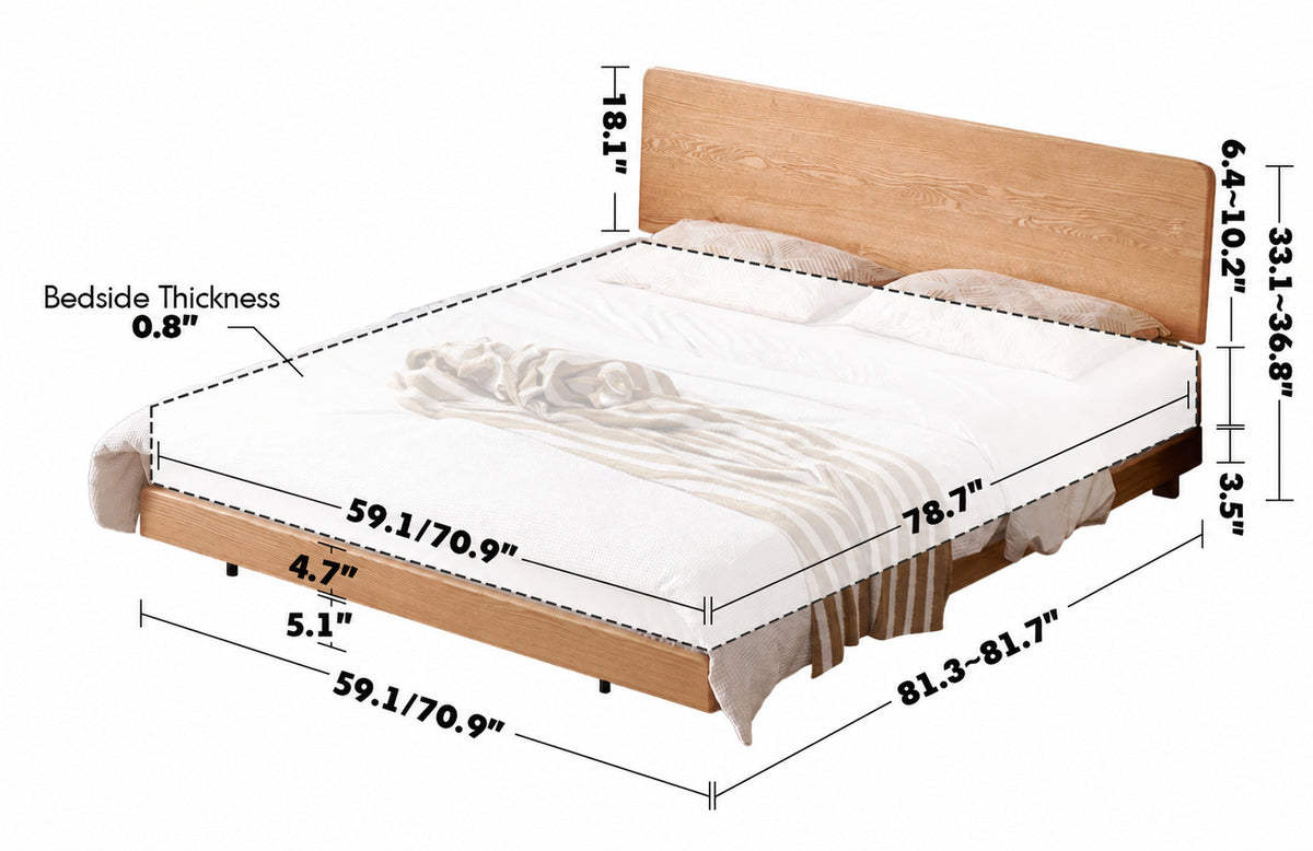 Scandinavian Oak Wood Headboard Adjustable Floating Bed NORA Size Chart