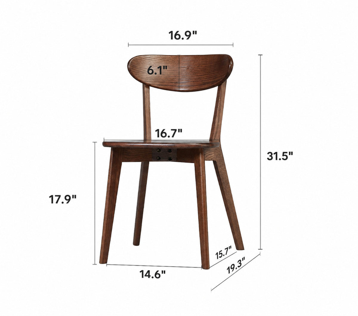 Japandi Oak Wood Dining Chair ELM WALNUT Size Chart
