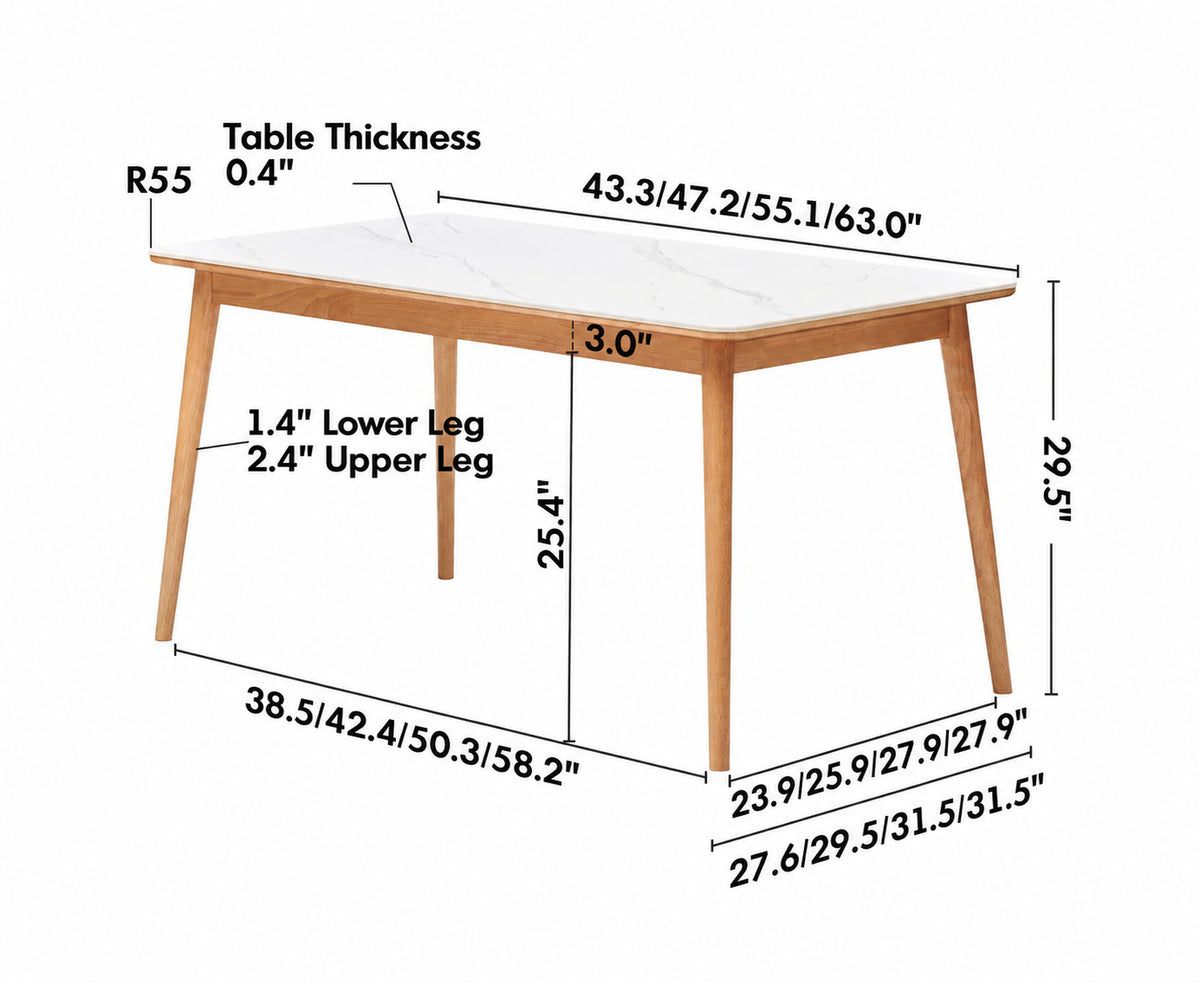 Scandinavian Sintered Stone Rubber Wood Dining Table ROWAN Size Chart