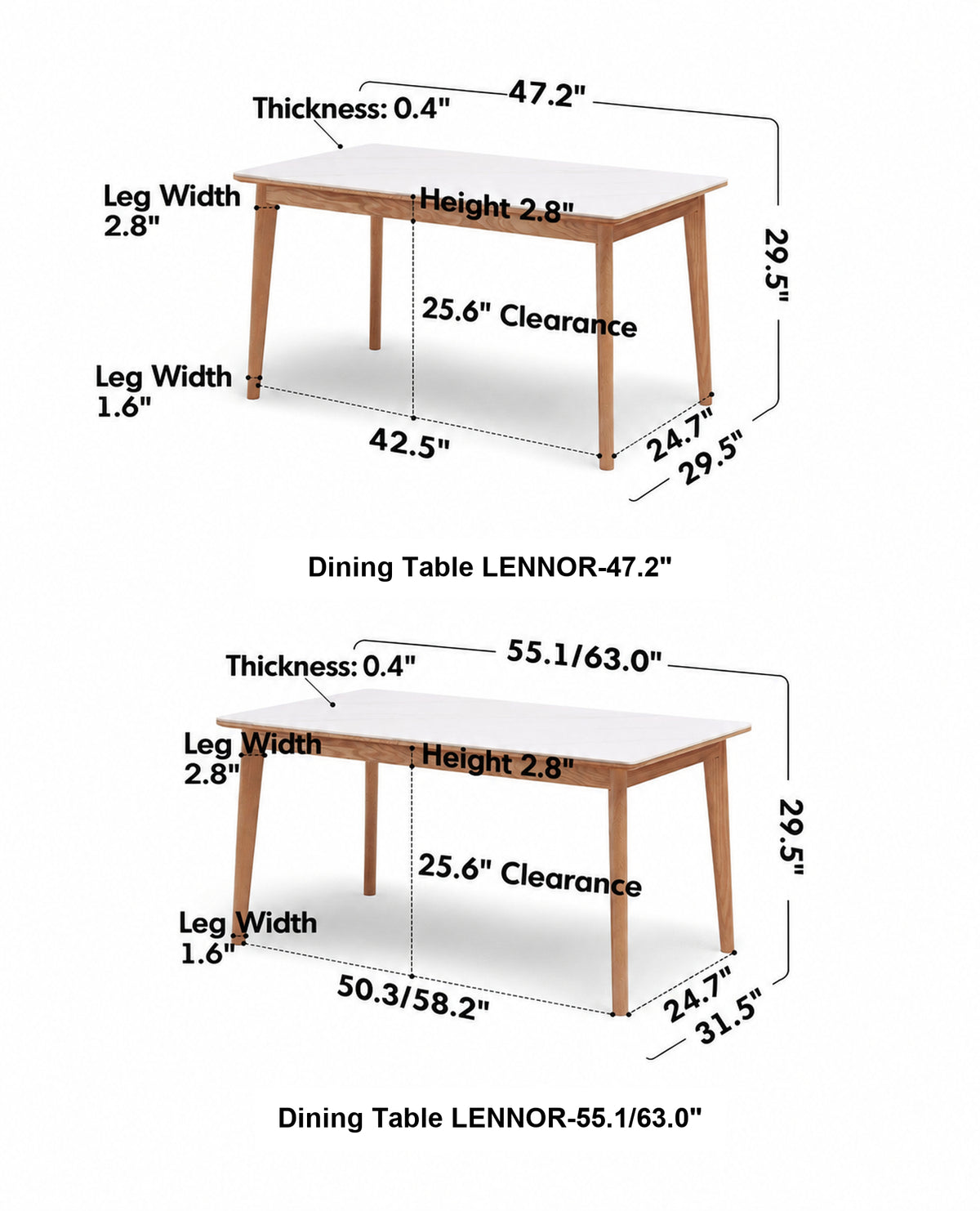 Scandinavian Sintered Stone Oak Wood Dining Table JADEN Size Chart