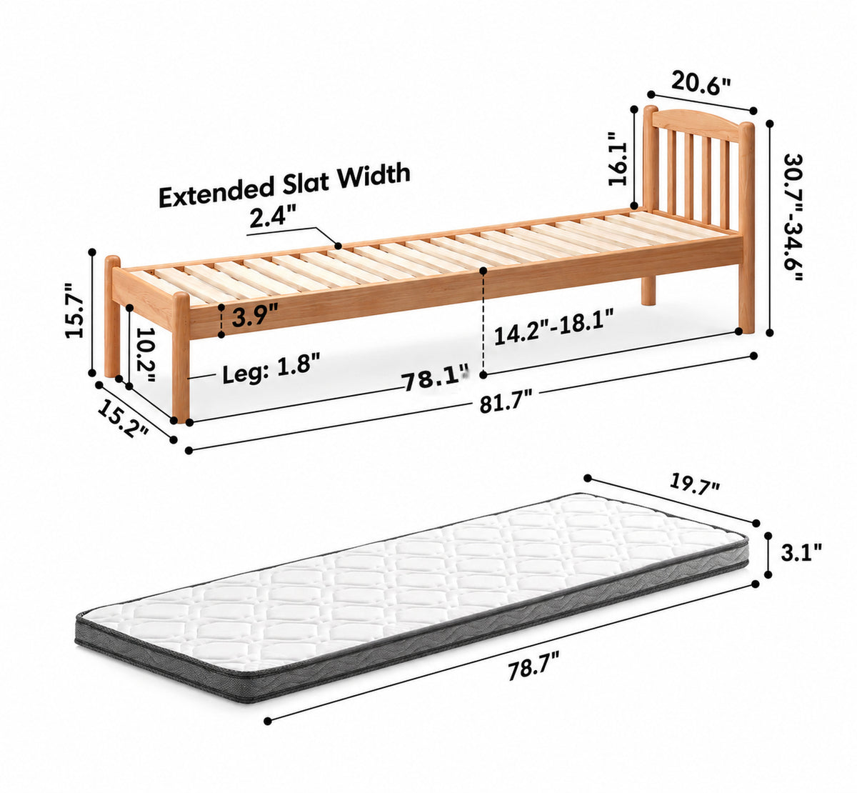 Scandinavian Birch Wood Kids Sidecar Bed With Mattress Set MIKA Size Chart