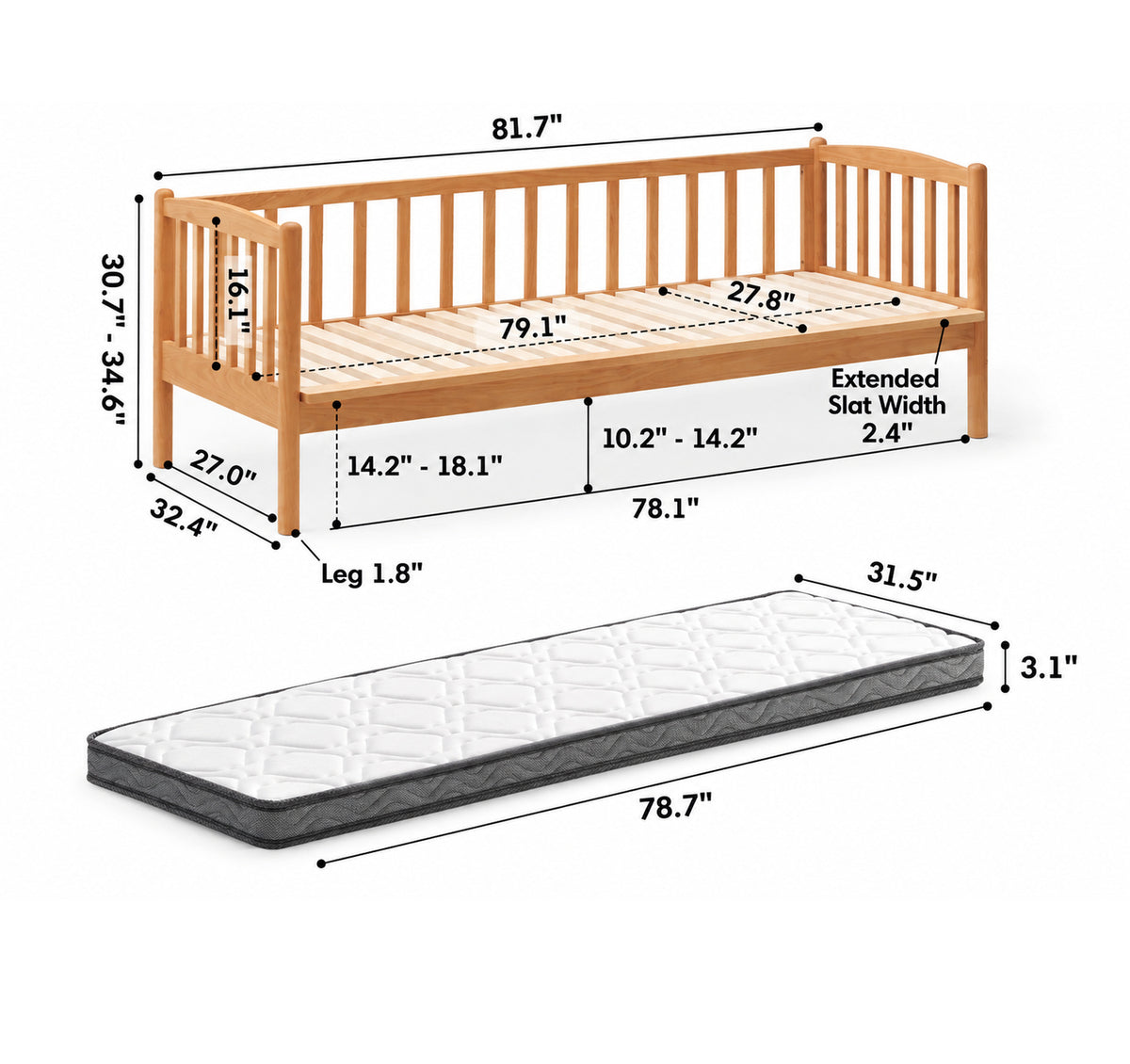 Scandinavian Birch Wood Kids Sidecar Bed With Mattress Set MYKA Size Chart