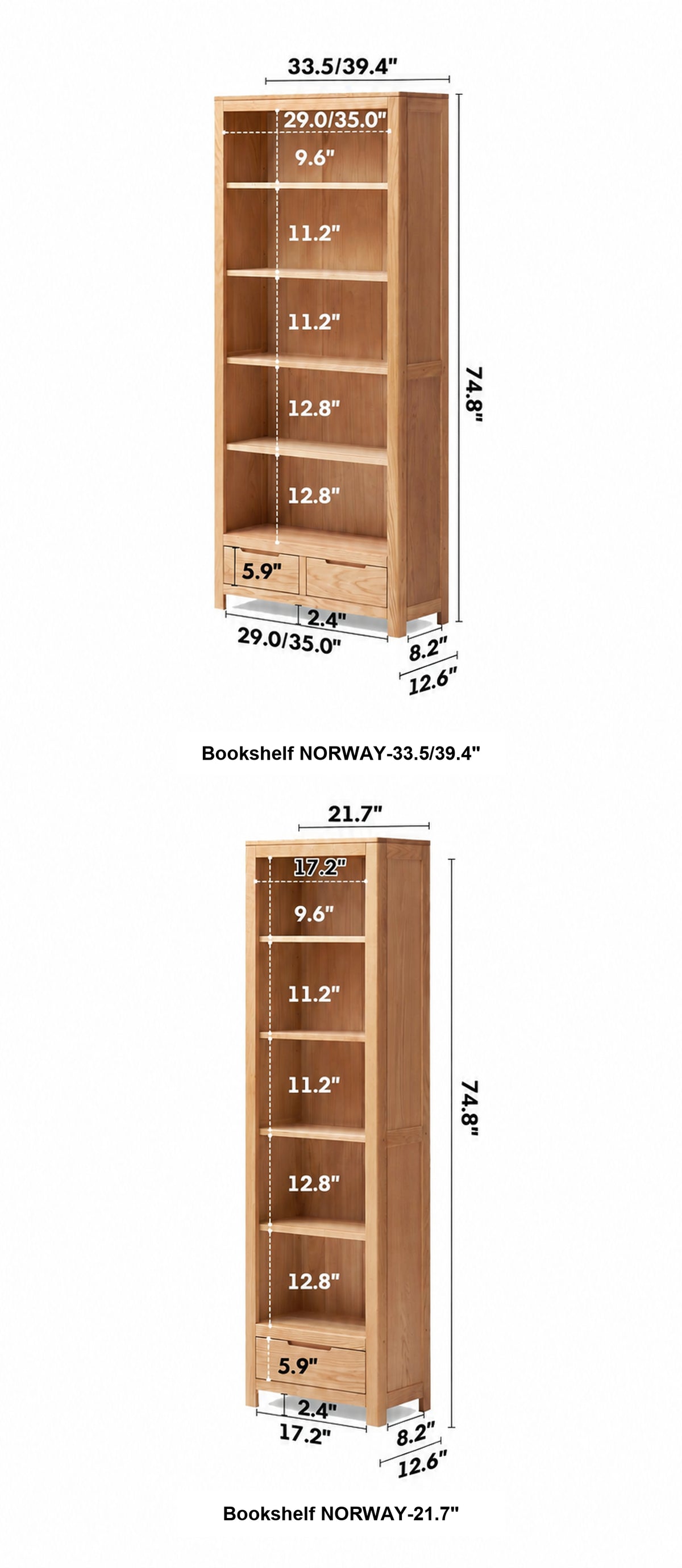 Scandinavian Oak Wood Bookshelf NORWAY Size Chart