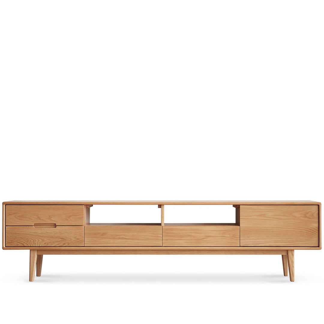 Scandinavian oak wood tv console berry in white background.