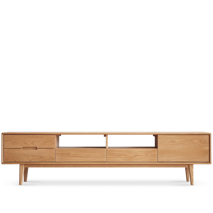 Scandinavian oak wood tv console berry in white background.