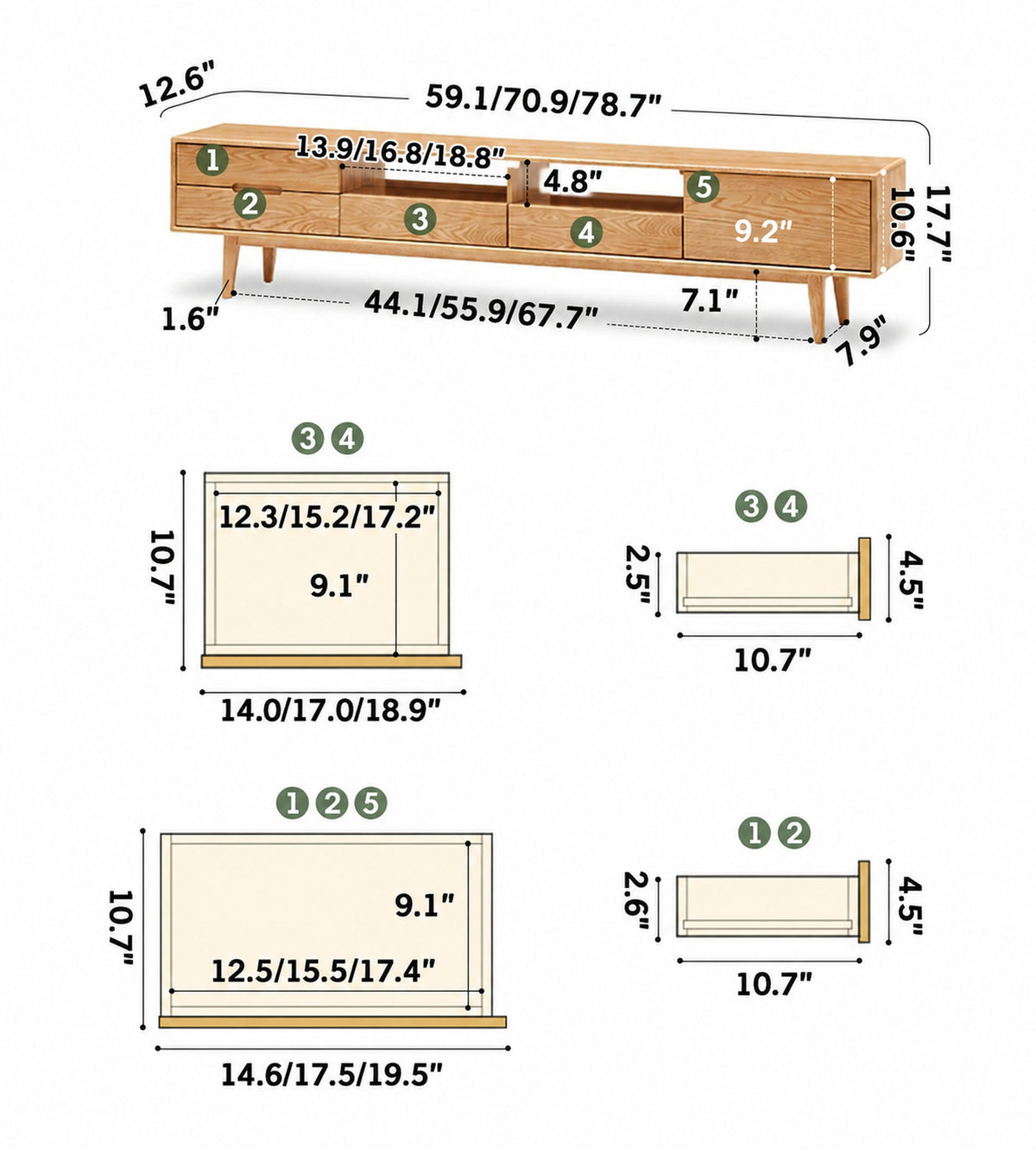 Scandinavian Oak Wood TV Console BERRY Size Chart