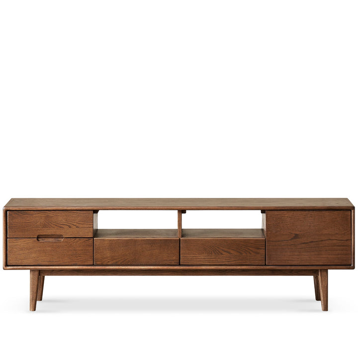 Scandinavian oak wood tv console berry walnut in still life.