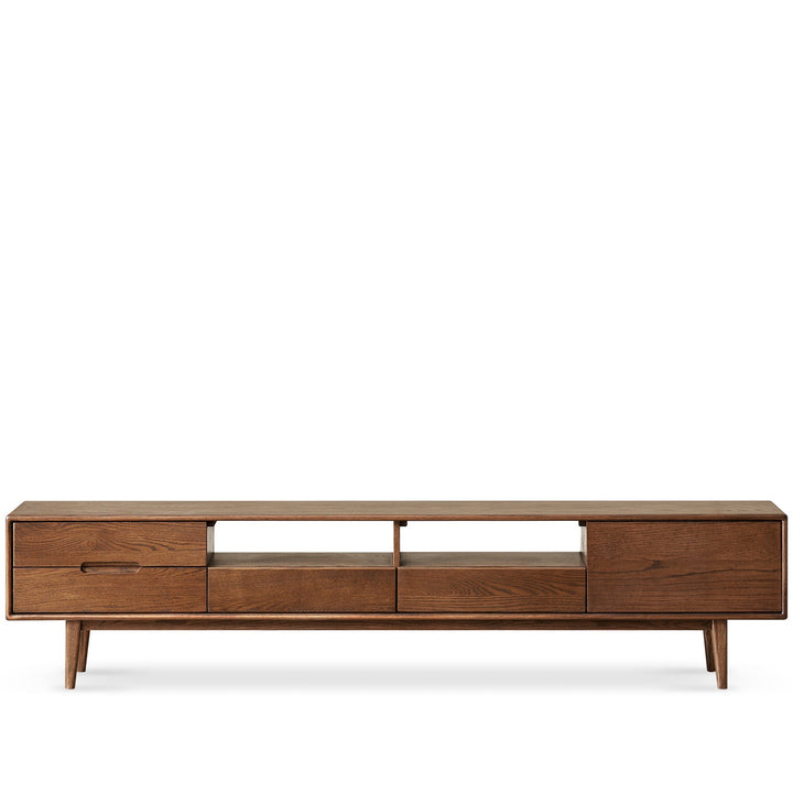 Scandinavian oak wood tv console berry walnut in white background.