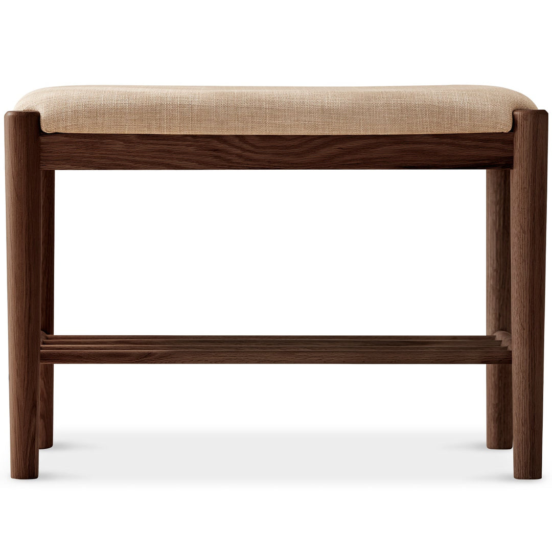 Scandinavian oak wood shoe changing bench fuji walnut in panoramic view.