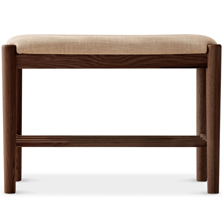 Scandinavian oak wood shoe changing bench fuji walnut in panoramic view.