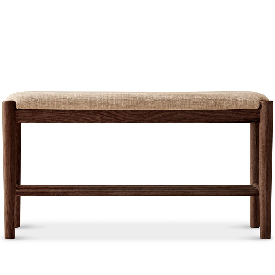 Scandinavian oak wood shoe changing bench fuji walnut in white background.