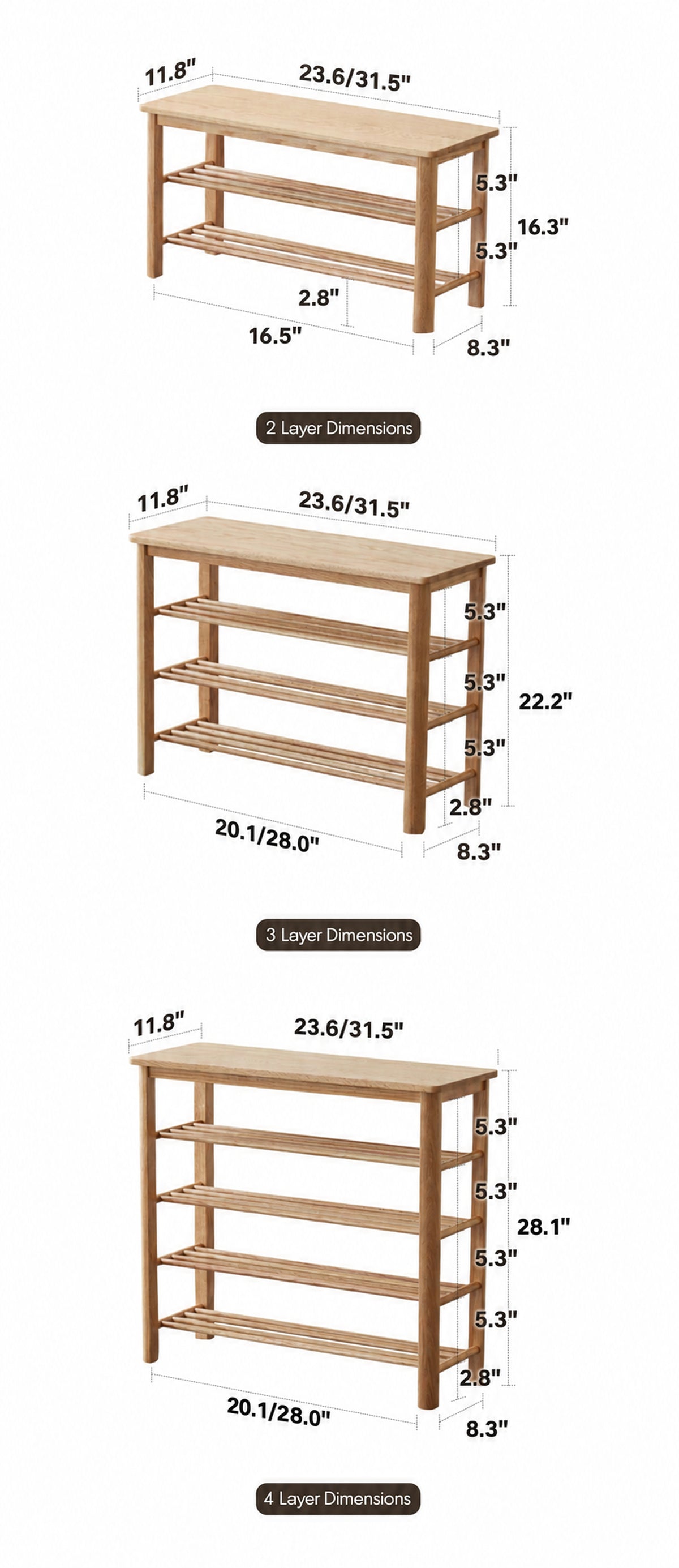 Scandinavian Oak Wood Shoe Shelf FUJI Size Chart