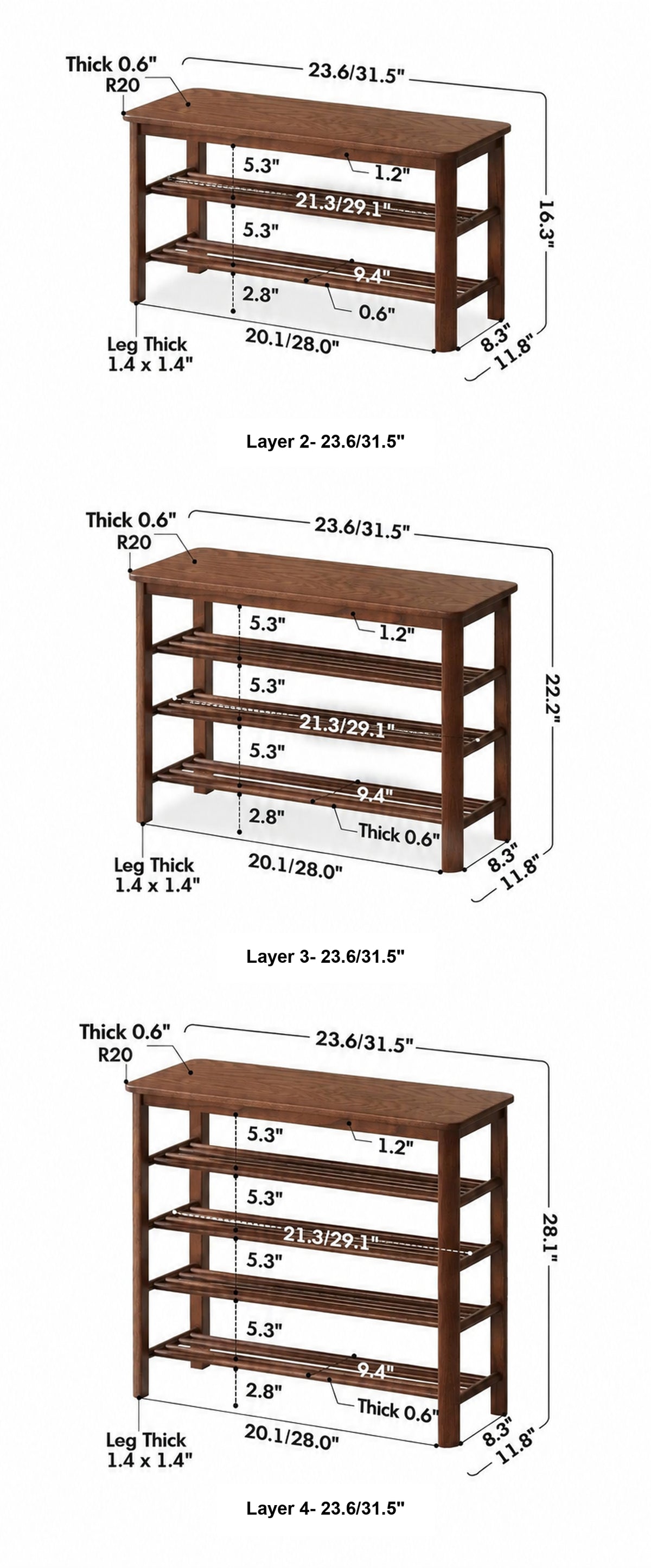 Japandi Oak Wood Shoe Shelf FUJI WALNUT Size Chart
