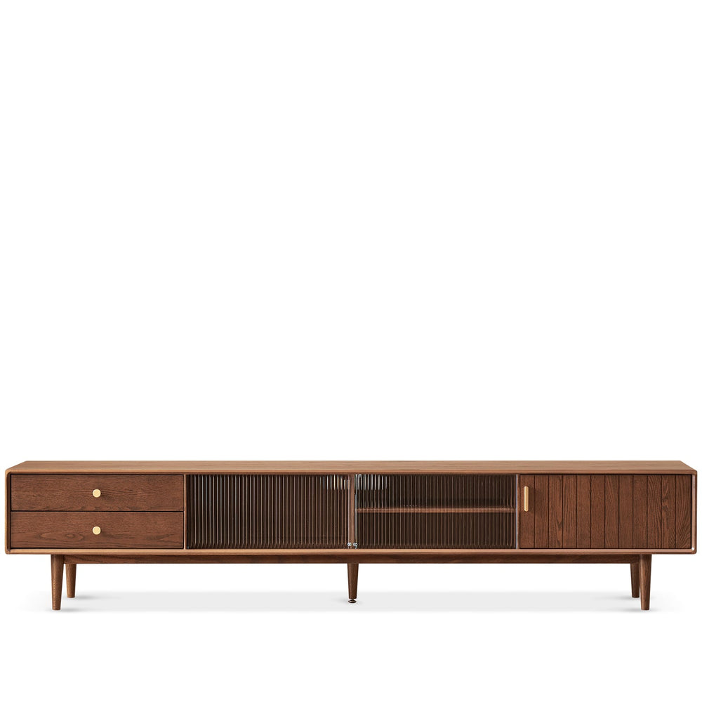 Scandinavian oak wood tv console danya walnut in white background.