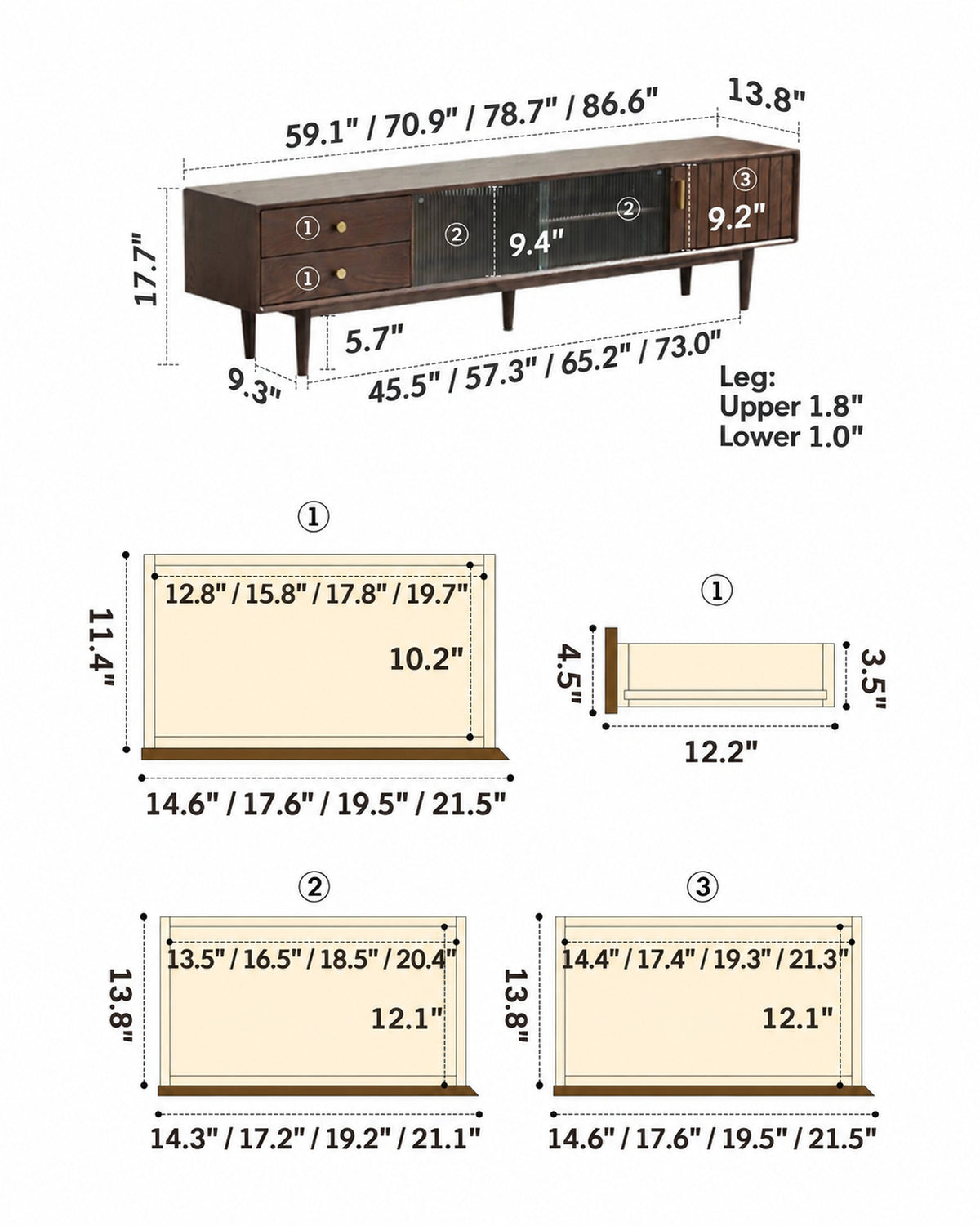 Scandinavian Oak Wood TV Console DANYA WALNUT Size Chart