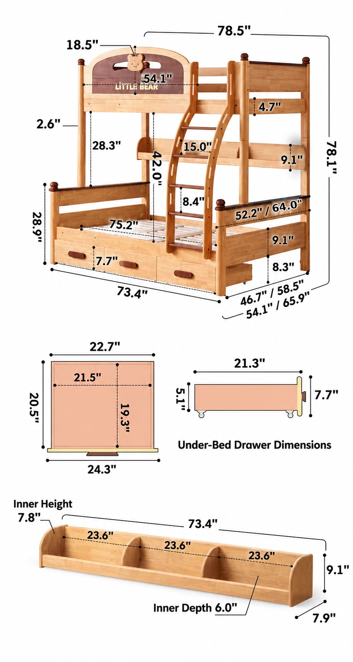 Scandinavian Rubber Wood Kids Bunk Bed With Bottom Drawers And Wall Shelf LITTLE BEAR Size Chart