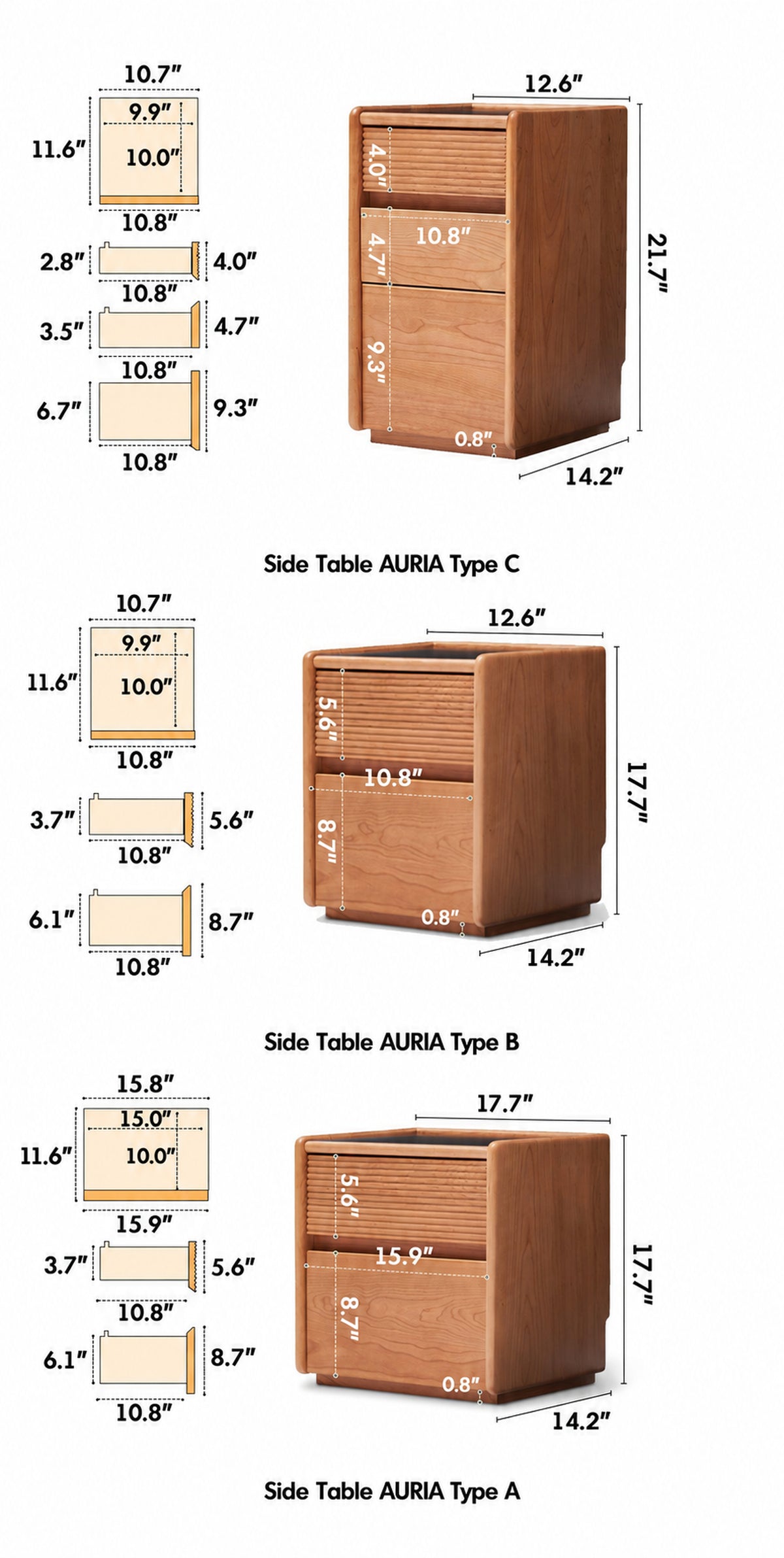 Scandinavian Cherry Wood Side Table AURIA Size Chart
