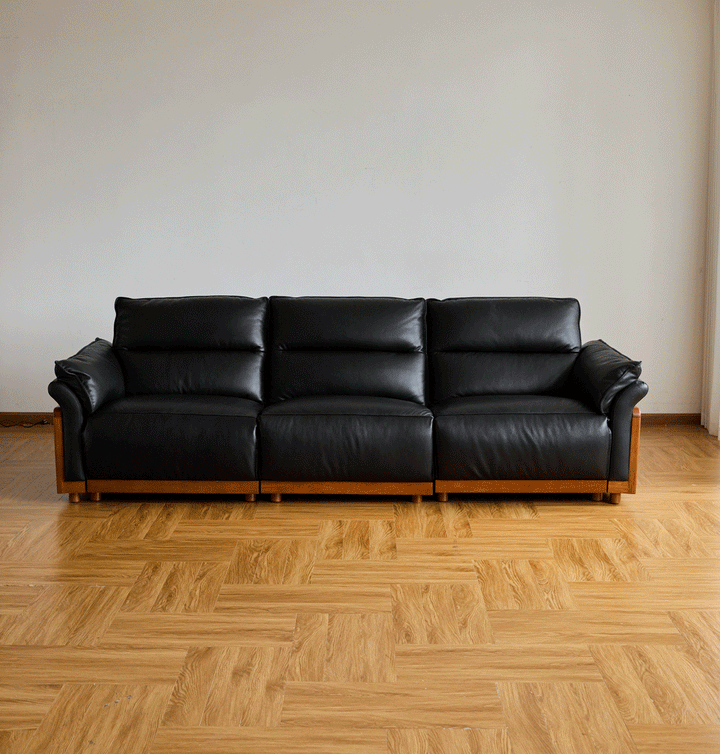 Vintage boxwood genuine leather electric recliner 4 seater sofa edgeless in real life style.