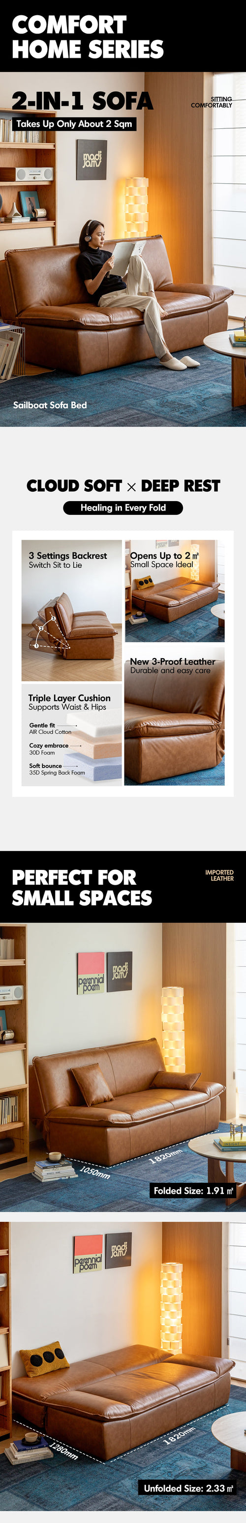 Modern Microfiber Leather 2 Seater Sofa Bed SAILBOAT Good to Know Preview-1