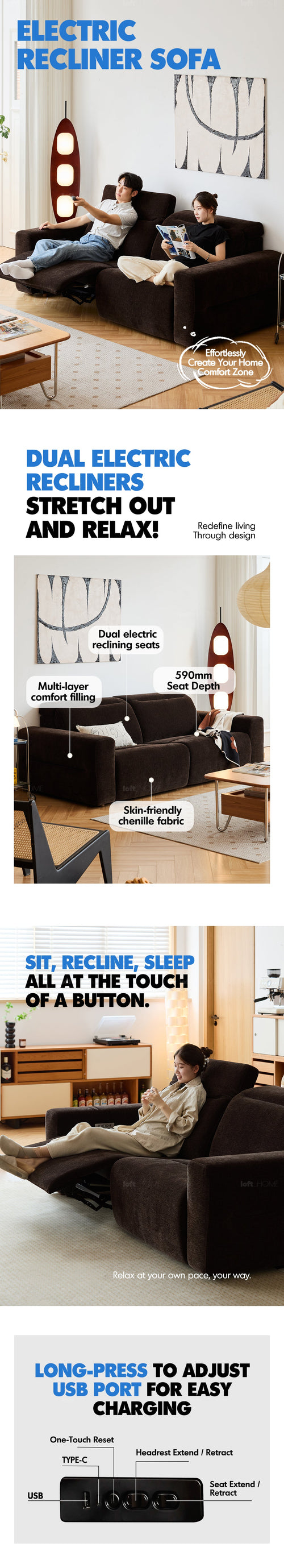 Cream Chenille Velvet Fabric Electric Recliner 4 Seater Sofa LOLO Good to Know Preview-1