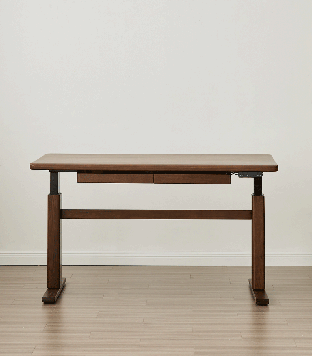 Japandi walnut wood electric height adjustable study table cloud lifting color swatches.
