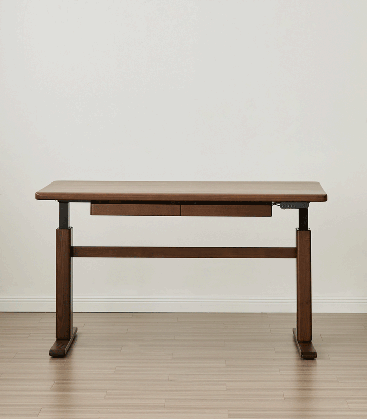 Japandi walnut wood electric height adjustable study table cloud lifting color swatches.