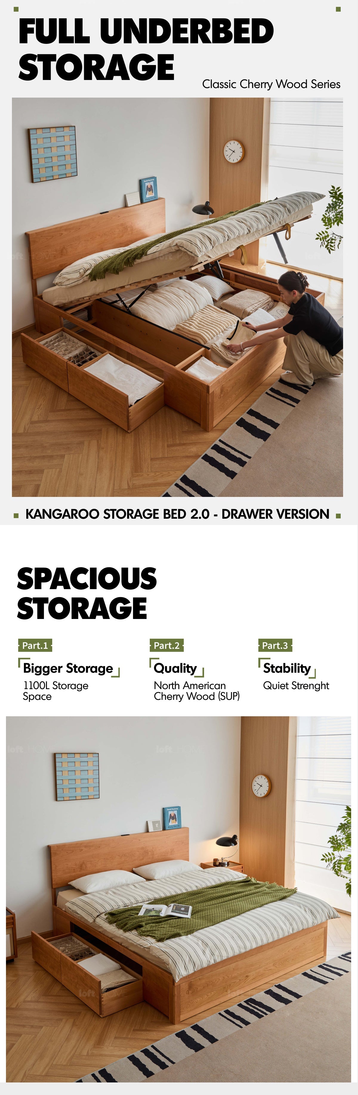 Scandinavian Cherry Wood Lift-Up Storage Bed With Drawer KANGAROO More Details and Instruction