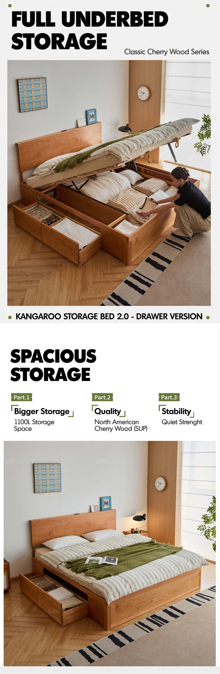 Scandinavian Cherry Wood Lift-Up Storage Bed With Drawer KANGAROO Good to Know Preview-1