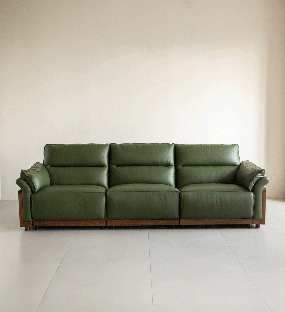 Japandi walnut wood genuine leather electric recliner 4 seater sofa edgeless color swatches.