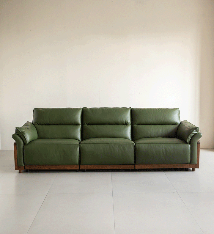 Japandi walnut wood genuine leather electric recliner 4 seater sofa edgeless color swatches.