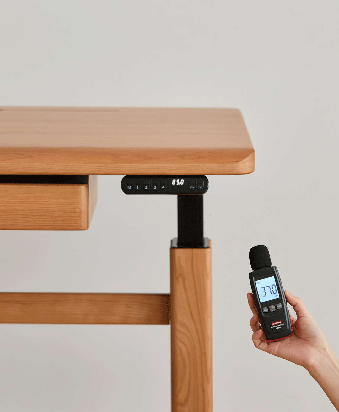 Scandinavian cherry wood electric height adjustable study table cloud lifting in real life style.