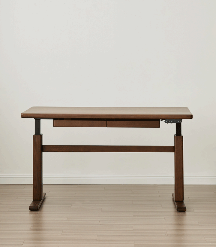 Japandi walnut wood electric height adjustable study table cloud lifting color swatches.