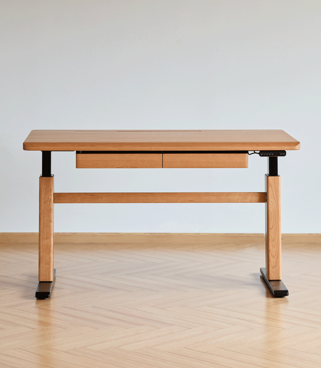 Scandinavian cherry wood electric height adjustable study table cloud lifting color swatches.