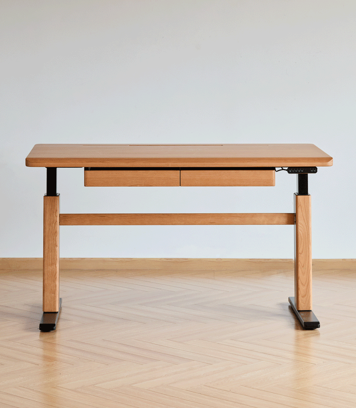 Scandinavian cherry wood electric height adjustable study table cloud lifting color swatches.