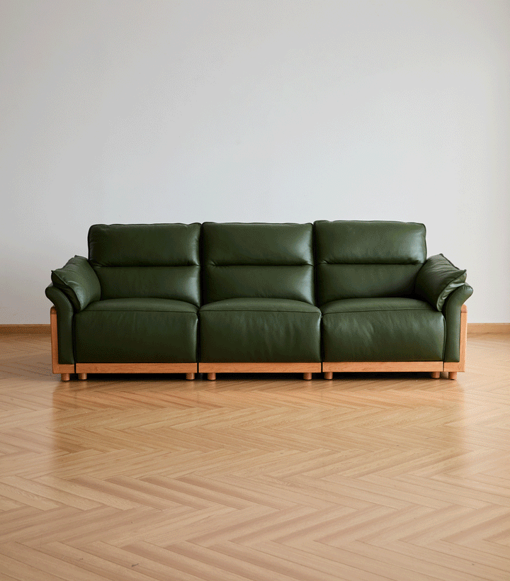 Scandinavian cherry wood genuine leather electric recliner 4 seater sofa edgeless in real life style.