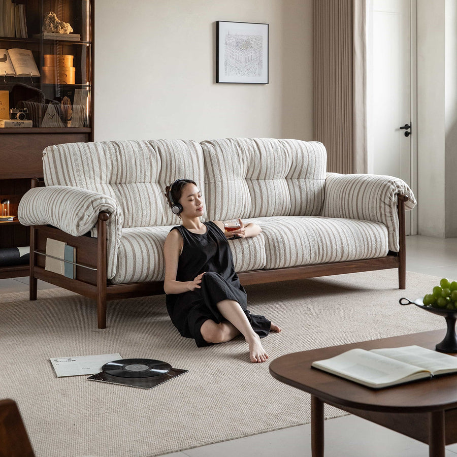 Scandinavian chenille velvet fabric walnut wood 3 seater sofa sofa open backed primary product view.