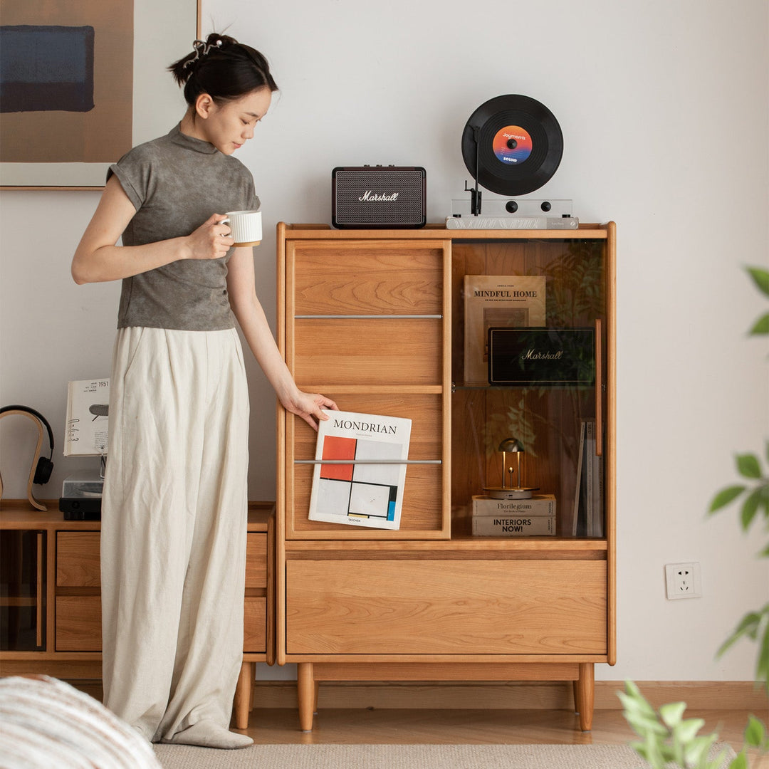 Scandinavian cherry wood side cabinet vista primary product view.