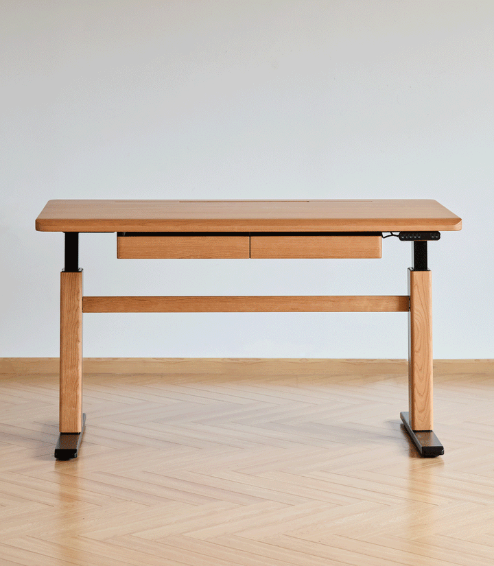 Scandinavian cherry wood electric height adjustable study table cloud lifting color swatches.