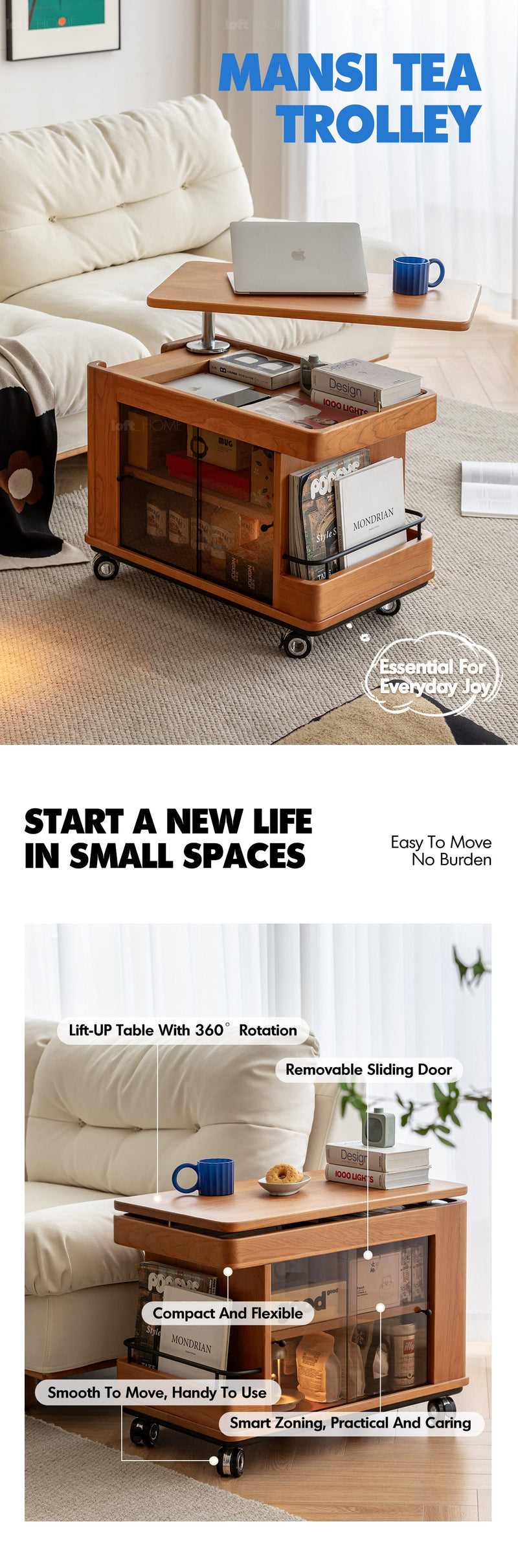 Scandinavian Cherry Wood Wheeled Trolley Side Table DRIFT More Details and Instruction
