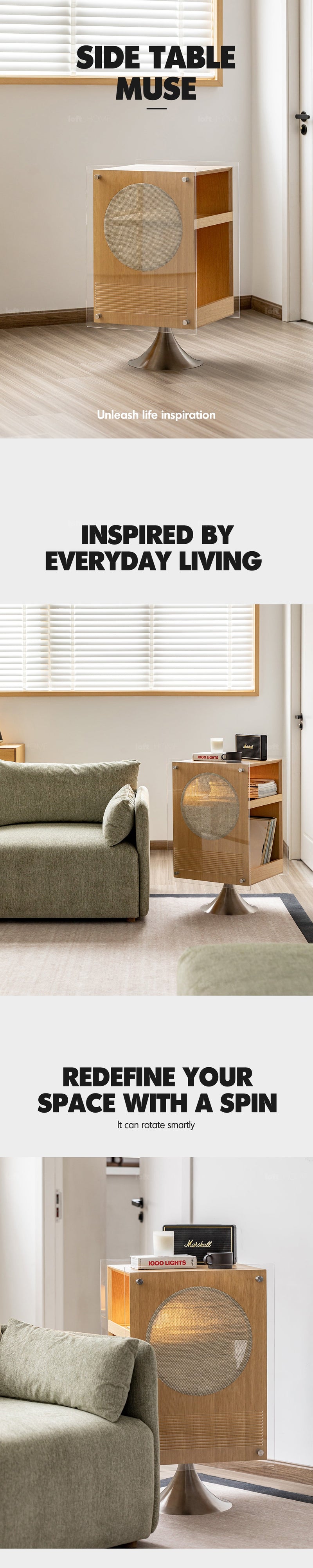Minimalist Oak Wood Veneer Revolving Side Table MUSE More Details and Instruction