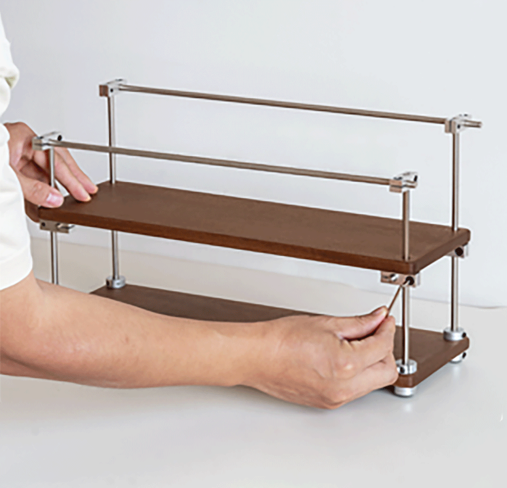 Vintage sapele wood stainless steel shelf packer color swatches.