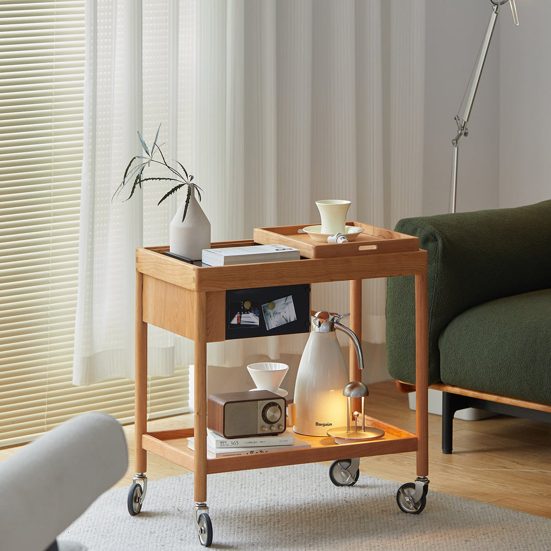 Scandinavian Cherry Wood Wheeled Trolley Side Table POCKET