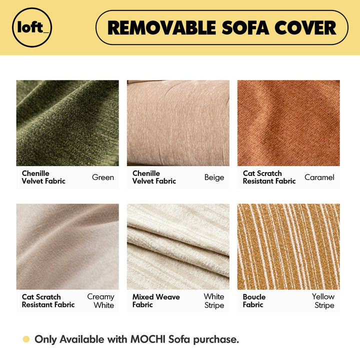 A promotional graphic for a removable sofa cover by loft, showing six fabric color/texture swatches arranged in a grid with labels: Green, Beige, Caramel, Creamy White, Mixed Weave White, and Yellow Stripe. The top banner reads 'REMOVABLE SOFA COVER' and notes the sofa purchase condition.