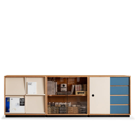 Bauhaus cherry wood modular cabinet time in white background.