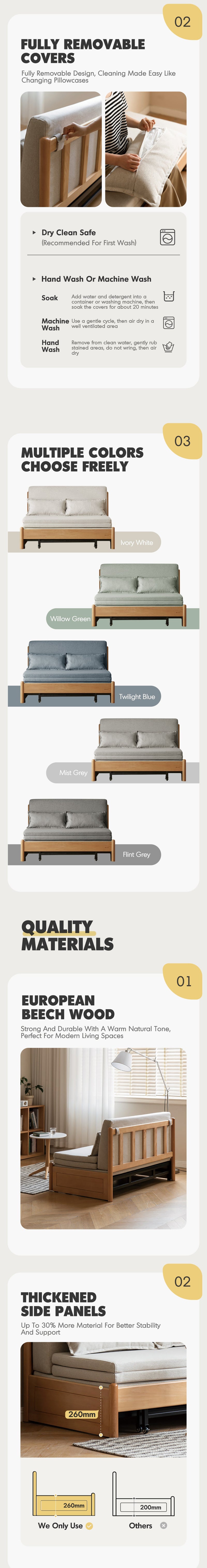more product details and feature of Scandinavian Beech Wood Cotton Fabric Recliner 2 Seater Sofa Bed FLEX