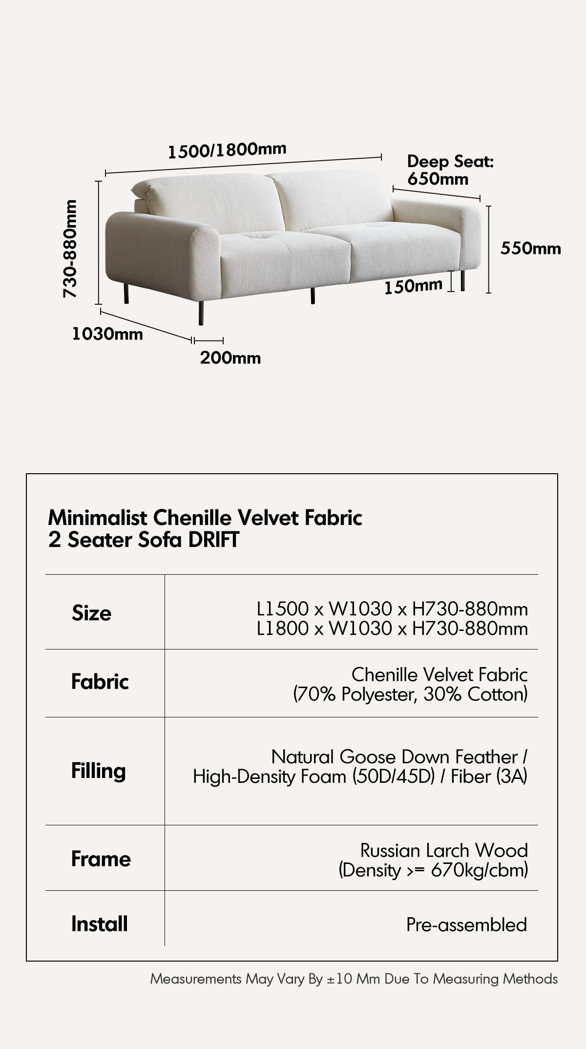 Minimalist Chenille Velvet Fabric 2 Seater Sofa DRIFT More Details and Instruction_17