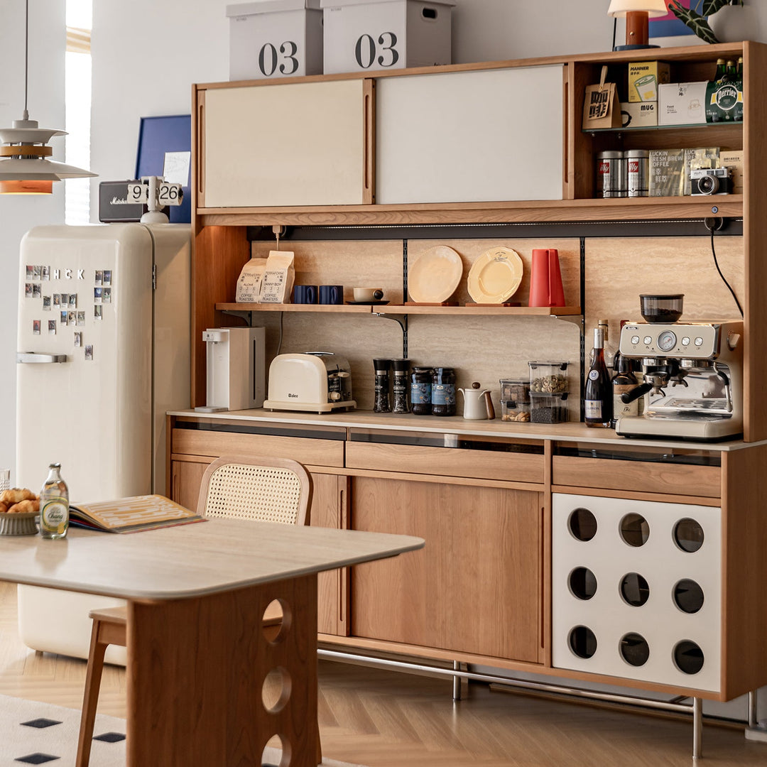 Scandinavian cherry wood sintered stone storage side cabinet timeless material variants.