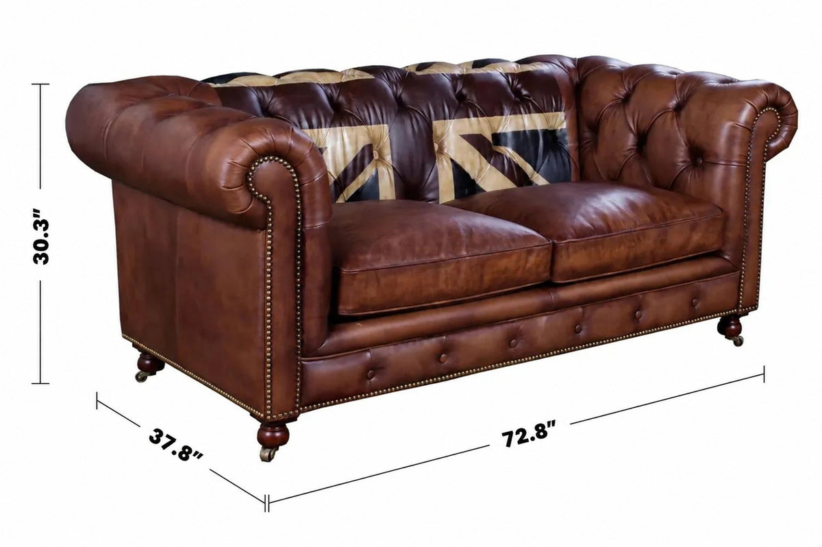 Vintage Genuine Leather 2 Seater Sofa CHESTERFIELD UNION JACK Size Chart