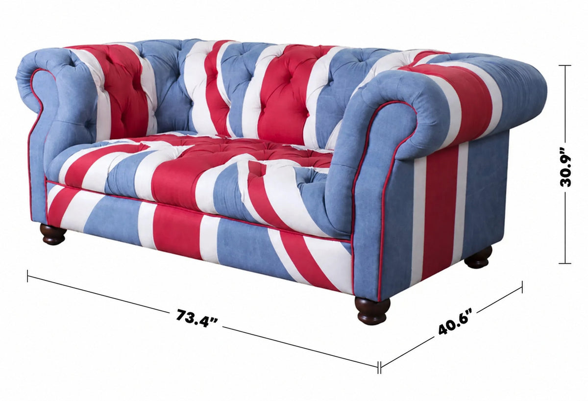 Vintage Denim Fabric 2 Seater Sofa UNION JACK CHESTERFIELD Size Chart